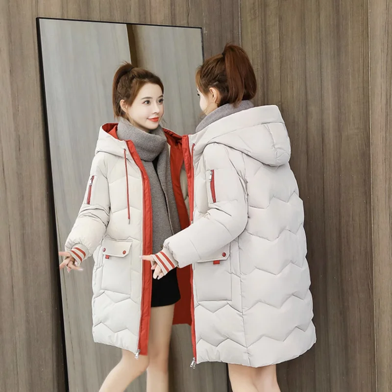 

Корейская свободная длинная толстая теплая парка с капюшоном, женская верхняя одежда, новинка 2024, зимняя длинная пуховая куртка с хлопковой подкладкой, Женское пальто