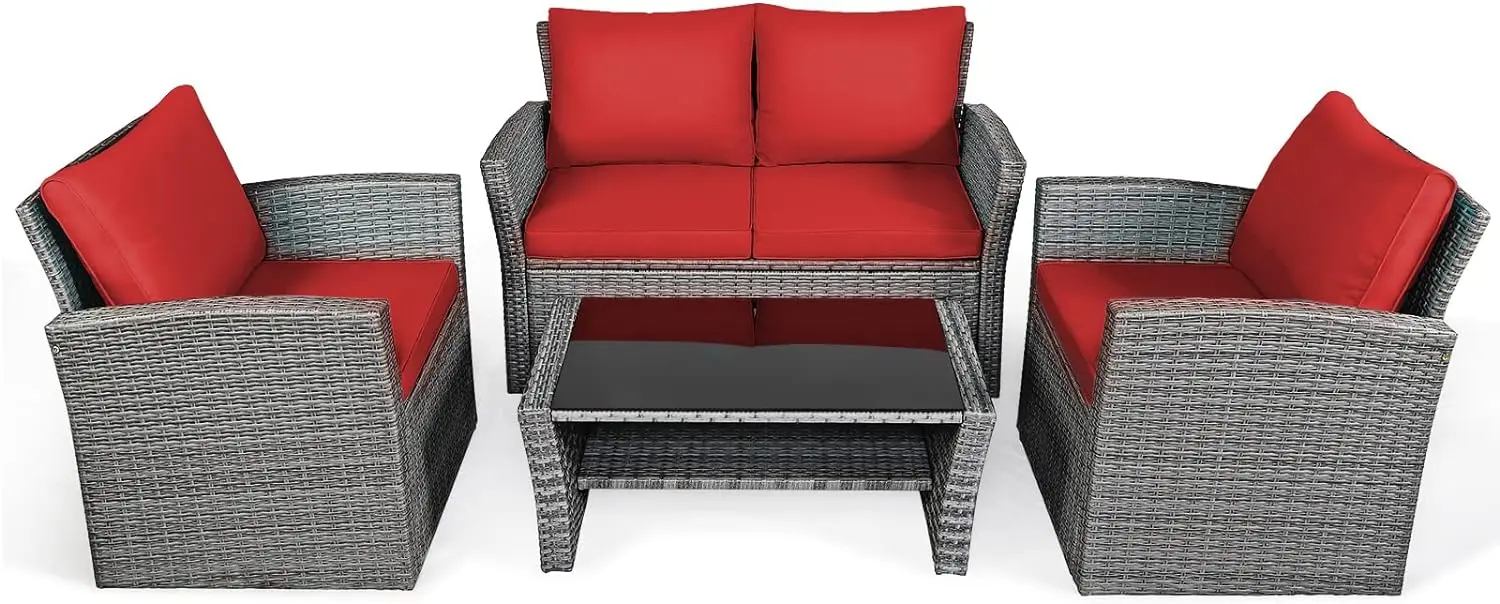 4 Pieces Patio Rattan Furniture Set, Outdoor Wicker Sofa Set with Tempered Glass Coffee Table, Cushions, Rattan Conversation Set
4 Pieces Patio Rattan Furniture Set, Outdoor Wicker Sofa Set with Tempered Glass Coffee Table, Cushions, Rattan Conversation Set