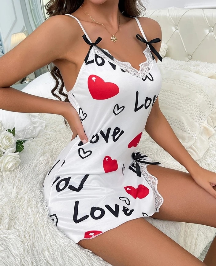 

Women's Sexy Lingerie Satin 2024 Love Heart Leopard Print Lace Patchwork Bowknot Decor Slit Babydoll Sleepwear Dress Nightwear
