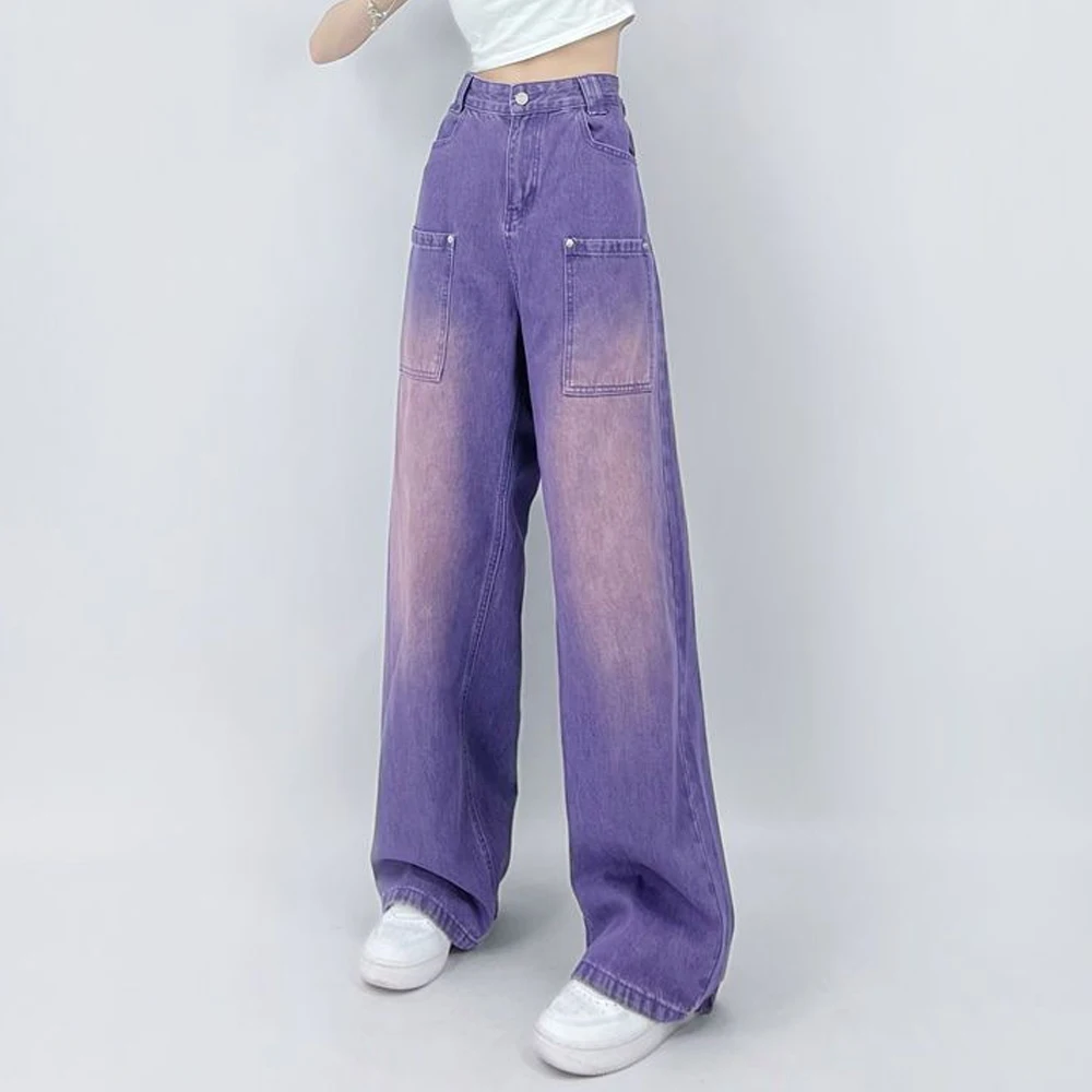 

Джинсы женские прямые фиолетовые с высокой талией, свободные брюки из денима с широкими штанинами, уличная одежда в стиле Харадзюку, мешковатые штаны