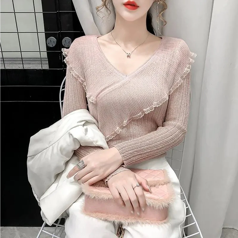 

Fashionable Spliced Slim Fit Top V-Neck Knitted Sweater Pink Solid Autumn Winter Long Sleeve Tees Product Ruffle Edge Shirt Tops