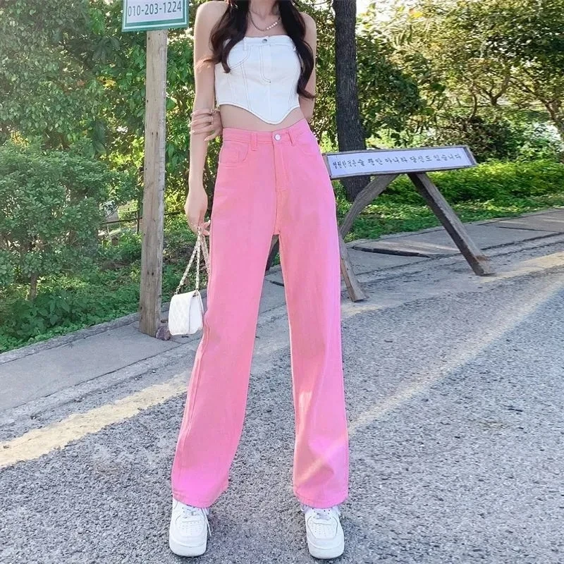 

2023 new Spring Autumn Women Pants High Waist Loose Zipper Fly Draping Wide Leg Button Trousers Streetwear Candy colored jeans