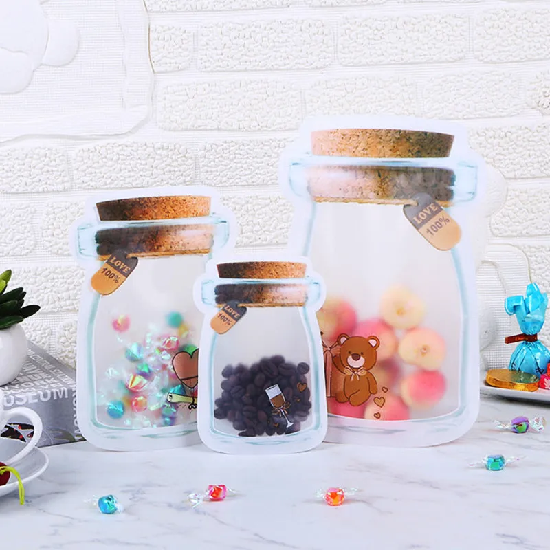 

100PCS Cute Bear Plastic Mason Jar Snack Ziplock Bags Resealable Wedding Sugar Cereals Beans Beaf Nuts Coffee Xmas Gifts Pouches