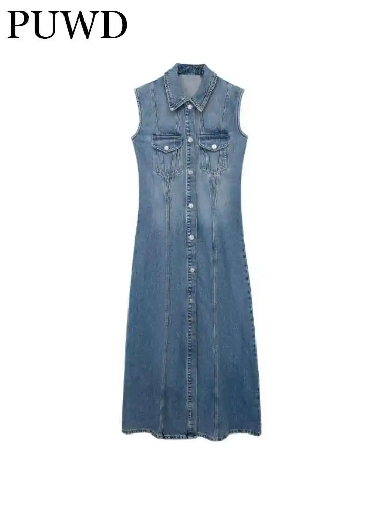 PUWD Women Fashion Denim Single Breasted Midi Dress 2023 Spring Vintage Sleeveless Pockets Blue Female Dress Mujer
PUWD Women Fashion Denim Single Breasted Midi Dress 2023 Spring Vintage Sleeveless Pockets Blue Female Dress Mujer