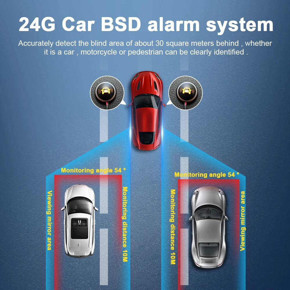 

Car 24G BSD Alarm System, Dual Color LED Blind Spot Detection Sensor Lane Change Assistance, with Parking Delay Warning Function