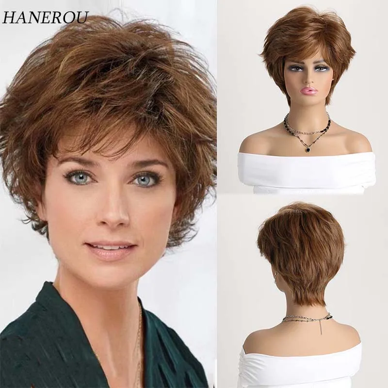 

Short Pixie Cut Synthetic Brown Layered Wigs with Fluffy Bangs for Women Curly Wig for Daily Party Fake Hair