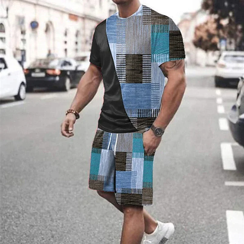 

Color Block 3D Printed T-Shirts Shorts Sets Men's Fashion Tracksuits Oversized Short Sleeve T Shirt Pants Set Man Suits Clothing