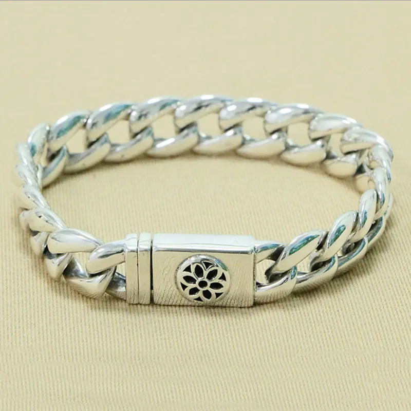 

European and American hip-hop silver S925 pure silver cherry blossom men's bracelet Thai silver retro domineering trendy silver