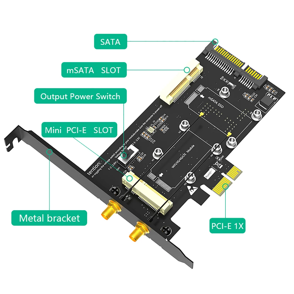 

2 in1 Mini PCI-E to PCIe 1x and MSATA to SATA3 Adapter Card with SIM Card Slot for WiFi/3G/4G/LTE/Msata Mini Card to PC Desktop