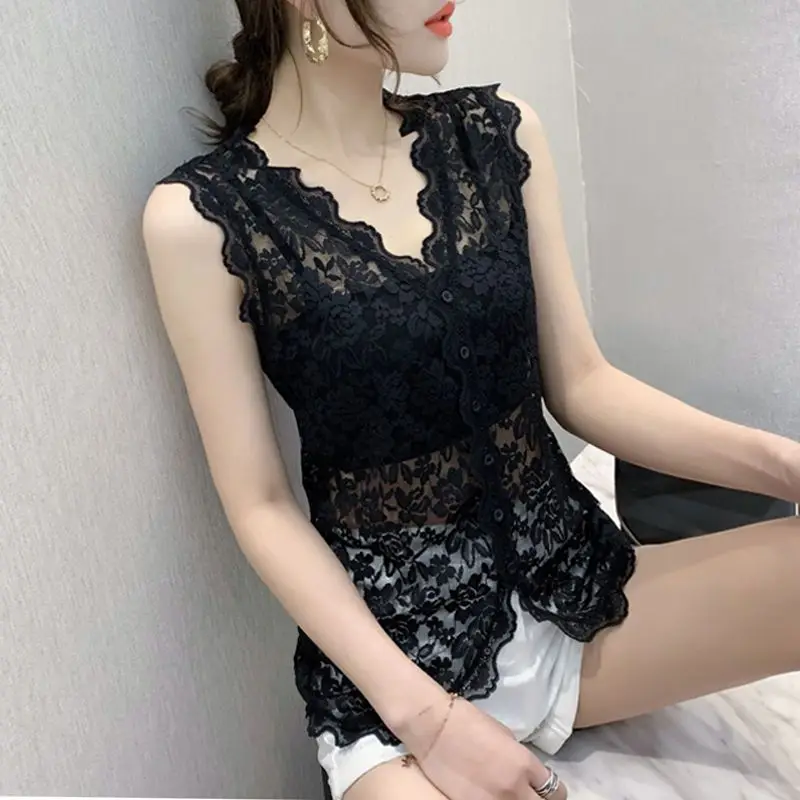 

V-neck Lace Camisole Women's Summer New Sexy Inner Wear Hollow Bottoming Shirt Sleeveless Mesh Top Outerwear Tank Top