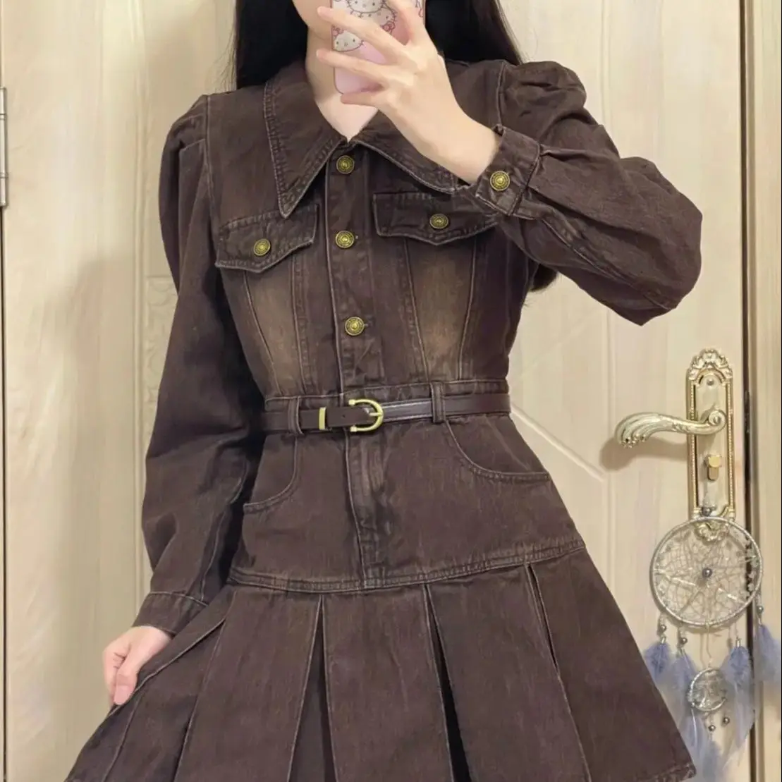 Dress Denim Long Sleeves Lapel Brown Retro Vintage Women Patchwork Y2k Harajuku Dress Female Korean Fashion Pleated Mini Dress
Dress Denim Long Sleeves Lapel Brown Retro Vintage Women Patchwork Y2k Harajuku Dress Female Korean Fashion Pleated Mini Dress