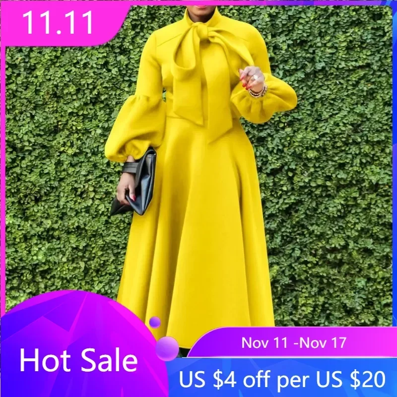 

Women Dress Christmas Birthday High Waist A Line Long Lantern Sleeve Bowtie Collar Party Celebrate Event Occasion Robe New