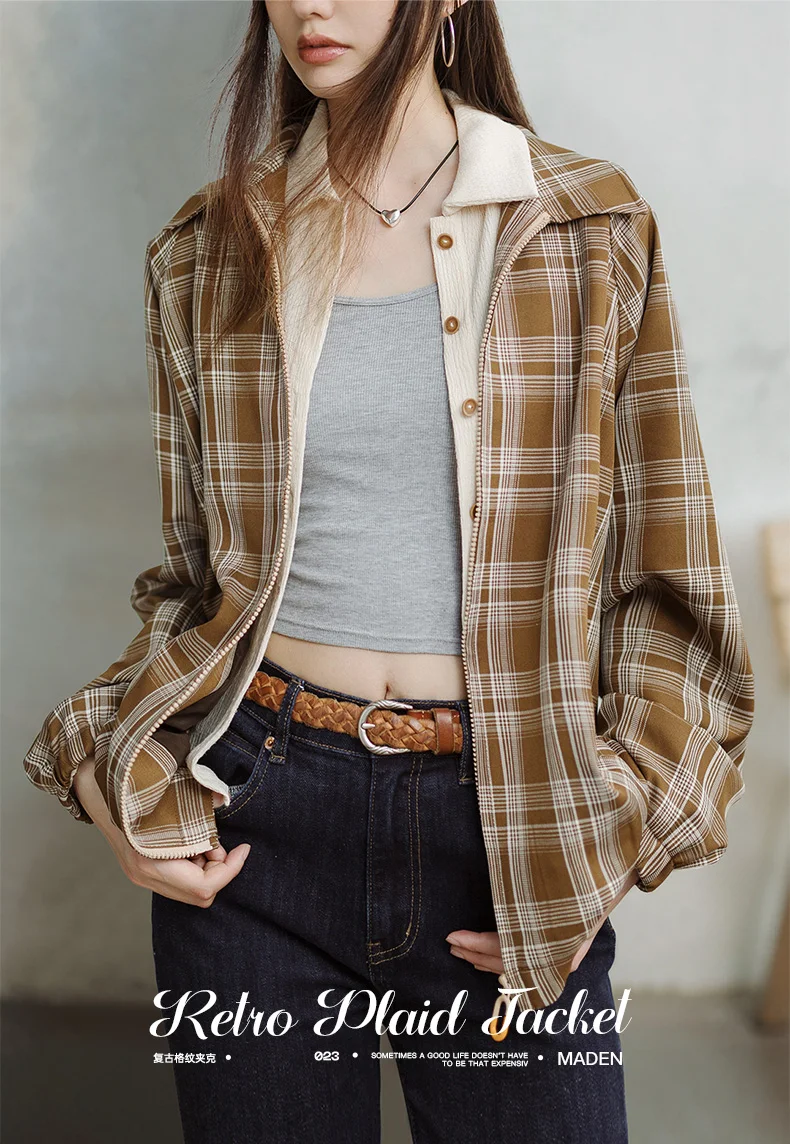 Vintage Khaki Plaid Jacket for Women Vintage Khaki Plaid Jacket for Women