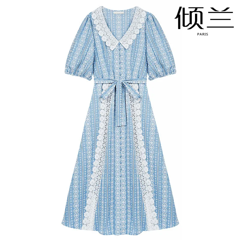 

PATADS French M Family Dress Spring/Summer Women OL Commuting Lady lace Collar Bubble Sleeve Long Dress