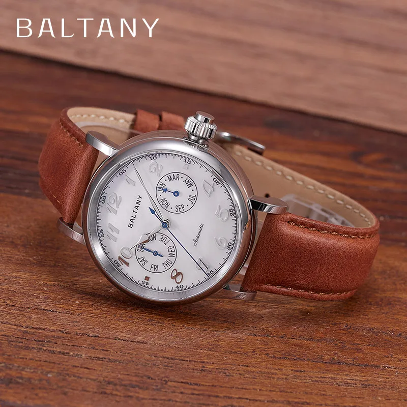 

Baltany Mono-pusher Function Watch 9122 Auto S6048 Week Month Hardening Process MOP Dial Leather Retro Dress Wristwatch