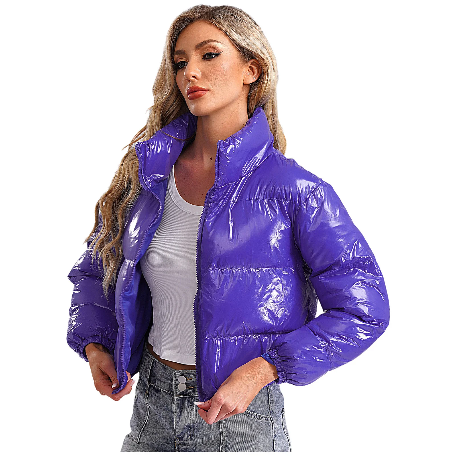 Women's Metallic Glossy Puffy Padded Jacket Quilted Outerwear Coat with Zipper Winter Stand Collar Outdoor Streetwear Women's Metallic Glossy Puffy Padded Jacket Quilted Outerwear Coat with Zipper Winter Stand Collar Outdoor Streetwear