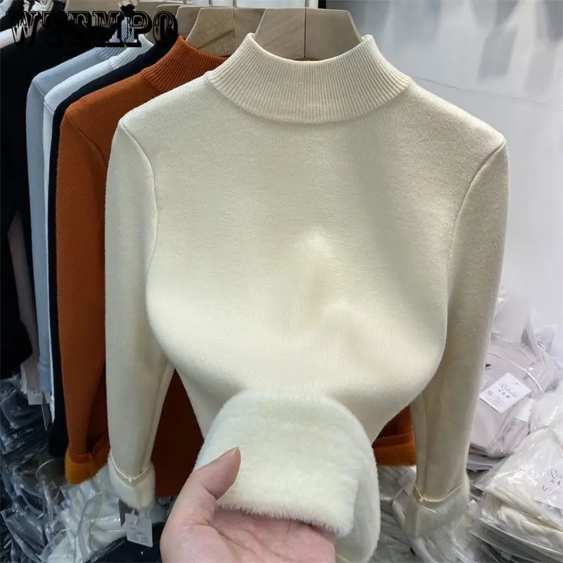 

WTEMPO Winter Thicken Half Turtleneck Sweater Women Pulls Sueter Warm Knitted Tops Velvet Lined Slim Soft Knitwears Pullovers