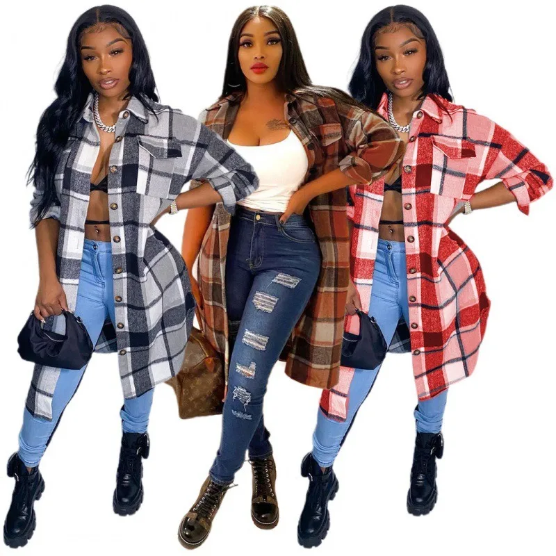 Autumn New Fashion Women Shirts Long Sleeves Tops Large Pockets Loose Woolen Jacket Plaid Shirt Midi Coat
Autumn New Fashion Women Shirts Long Sleeves Tops Large Pockets Loose Woolen Jacket Plaid Shirt Midi Coat