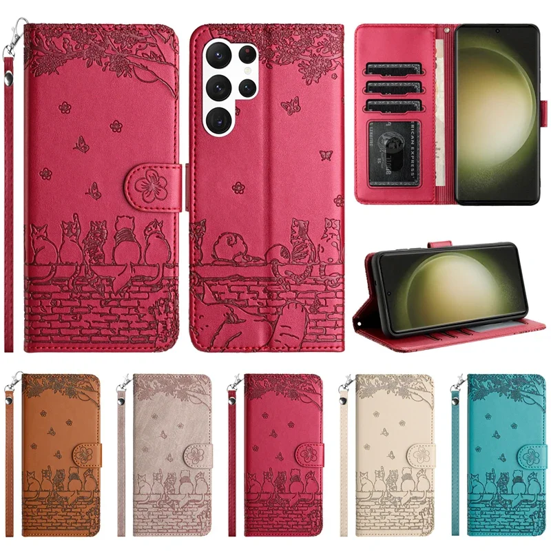 

For Samsung Galaxy S24 Ultra S23 Plus S22 S21 FE A05S A12 A13 A14 A23 A34 A51 A54 A71 Wallet Cat Embossed Flip Over Leather Case