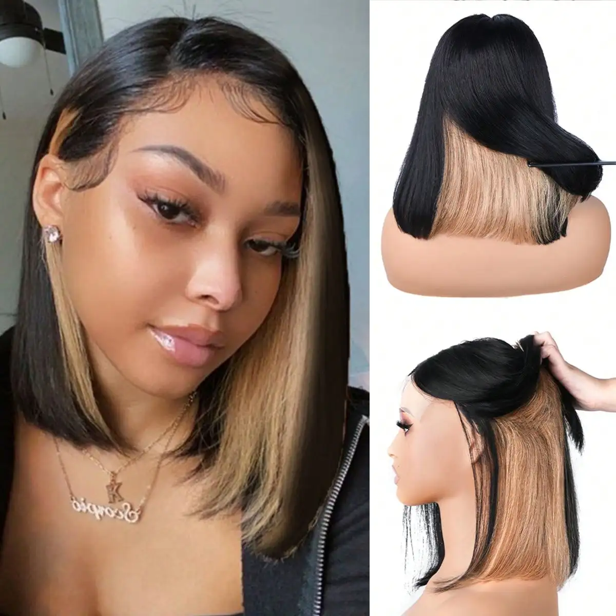 

Peekaboo Bob Wig Short Straight Bob Wigs For Women Colorful Bob 4x4 Lace Closure Wig Lace Front Human Hair Wig Blonde 1B/27