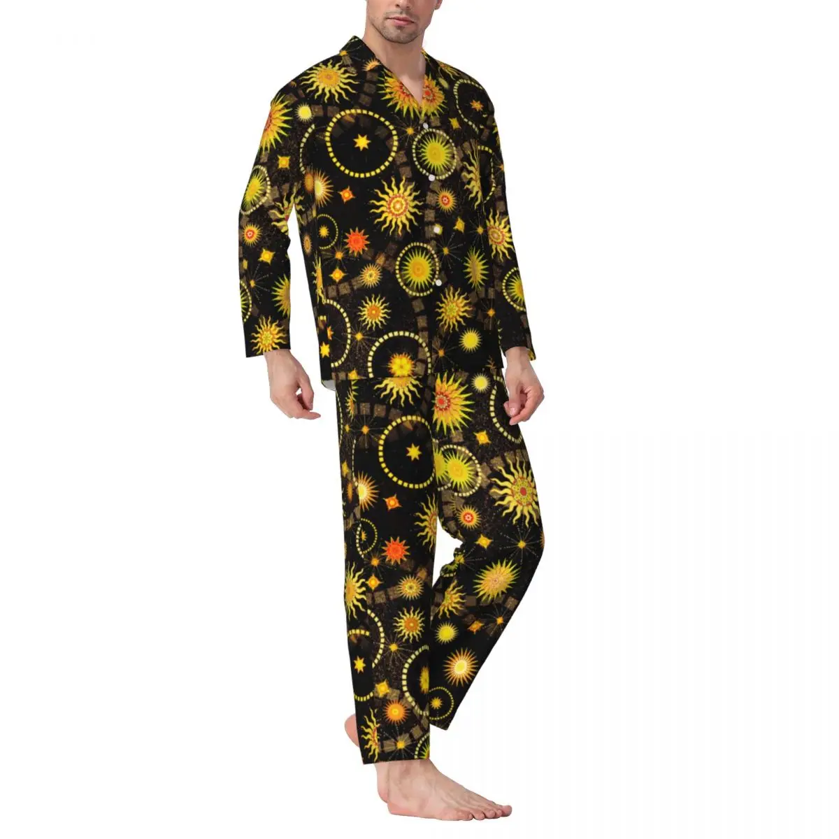 

Abstract Sun Pajama Set Gold Stars Print Kawaii Sleepwear Unisex Long-Sleeve Vintage Home 2 Pieces Nightwear Plus Size