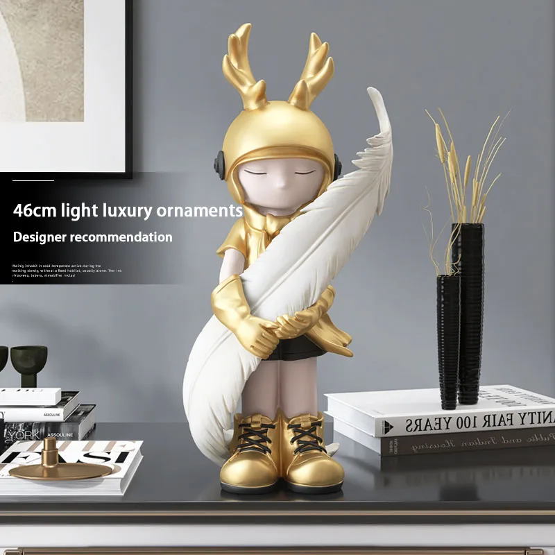 

Home Decor Antler Boy Creative Ornament Statuette Figurines For Interior Resin FRP Living Room Figure Tabletop Decoration Statue