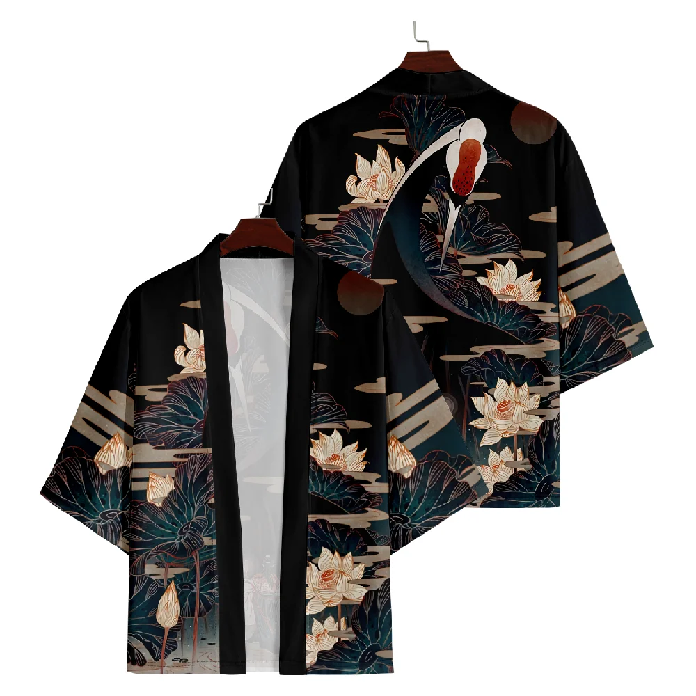 

Fashion Crane Lotus Print Cardigan Haori Shirts Women Men Cosplay Yukata Clothing Harajuku Kimono Plus Size 6XL 5XL