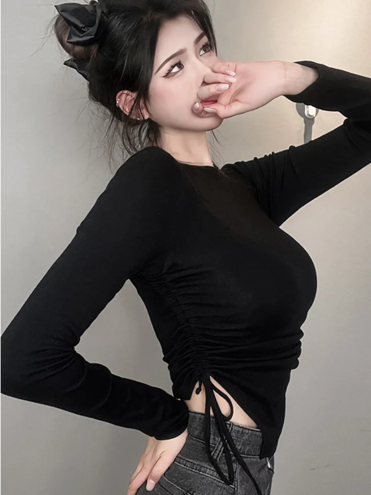 Korea Drawstring Pleat Sexy Tight High Waist Slim Chest Long Sleeve T-shirt Women Tees Fashion Sweet Tops C431
Korea Drawstring Pleat Sexy Tight High Waist Slim Chest Long Sleeve T-shirt Women Tees Fashion Sweet Tops C431
