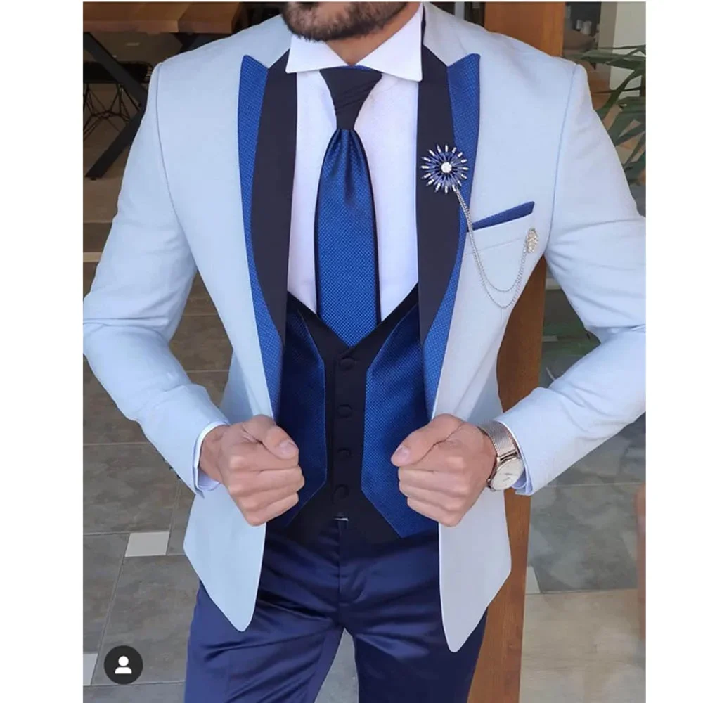 

High-end Peak Lapel Men Suits 3 Piece Chic Smart Casual Outfits Fashion Formal Wedding Groom Tuxedo Slim (Jacket+Vest+Pants)