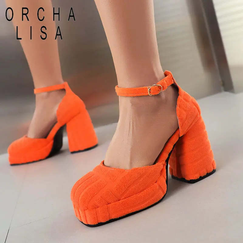 

ORCHA LISA Ladies Pumps Flock Suede Square Toe Block Heels 9cm Platform 2cm Buckle Strap Plus Size 41 42 43 Sweet Dating Shoes