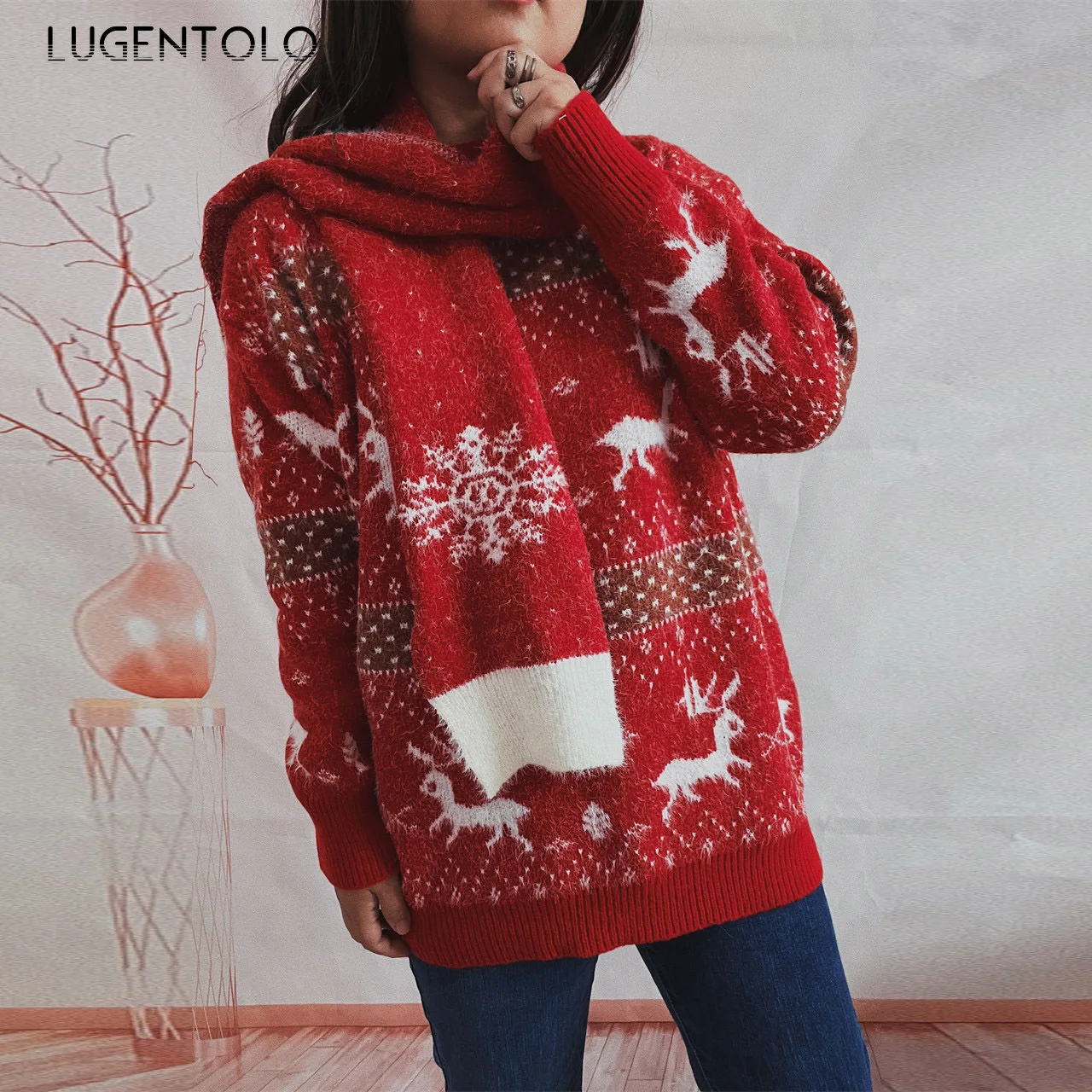 Women Christmas Sweaters Long Sleeve Fawn Snowflakes Jacquard New Year Scarf Female Autumn Winter Pullover Cloth
Women Christmas Sweaters Long Sleeve Fawn Snowflakes Jacquard New Year Scarf Female Autumn Winter Pullover Cloth