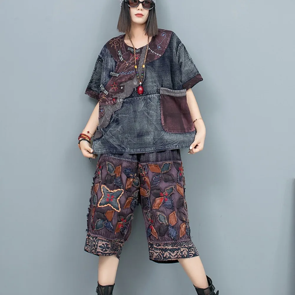 

Chinese Style Slanted Button Hand Embroidered Patch Short Sleeved Top + Cropped Pants Two-piece Set Women 2024 Summer LX934