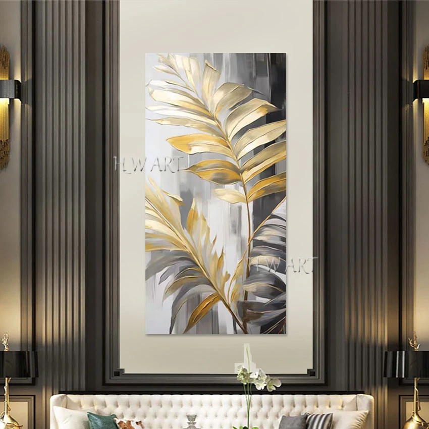 

Modern Plant Leaf Abstract Oil Painting Gray White Acrylic Textured Picture Outdoor Wall Art Decor Frameless Easy Canvas Artwork
