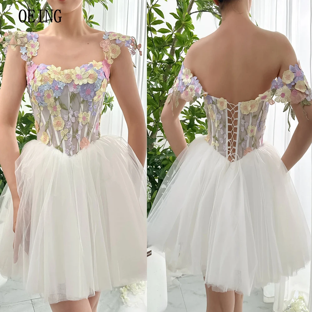 

OEING Pastrol Princess Party Dress Fancy Corset Back Mini Evening Prom Gowns Tulle 3D Flowers Graceful Quinceanera Dresses