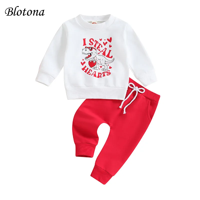 

Blotona Toddler Boys Spring Fall Outfits Dinosaur Letter Print Crew Neck Long Sleeve Sweatshirts and Long Pants 2Pcs Clothes Set