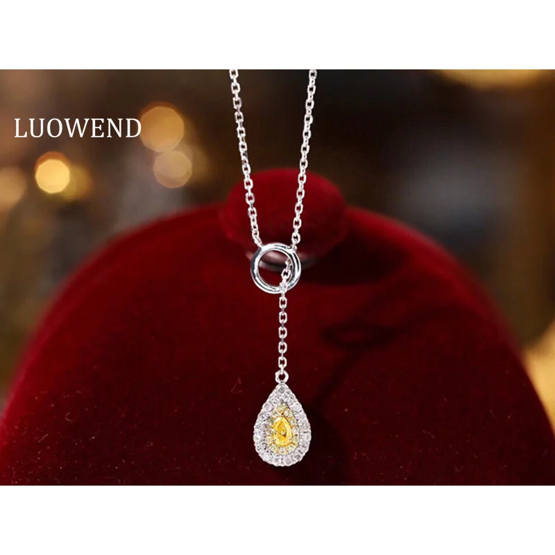 

LUOWEND 18K White Gold Necklace Fashion Water Drop Shape INS Style Real Natural Yellow Diamond Necklace for Women Birthday Gift