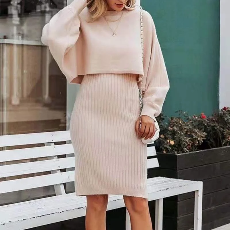 Women New Style Solid Color Long Sleeve Pullover Clothing Autumn Winter Sweater and Knitted Dress Two-piece Set Female Knitwear 
Women New Style Solid Color Long Sleeve Pullover Clothing Autumn Winter Sweater and Knitted Dress Two-piece Set Female Knitwear