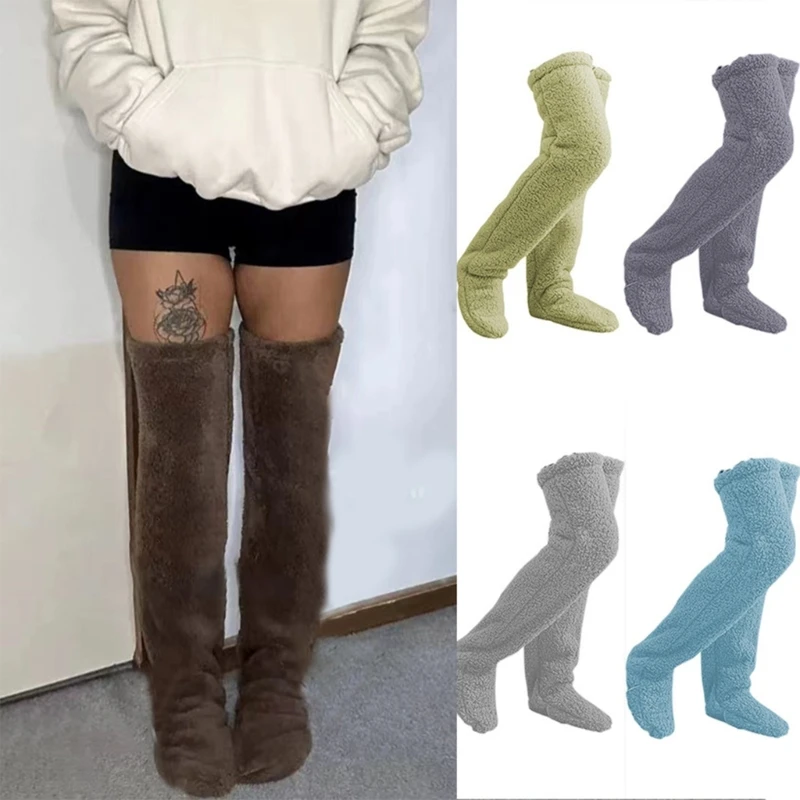 

Женские зимние теплые пушистые носки выше колена, пушистые плюшевые тапочки, чулки до бедра, длинные гетры, домашние носки для