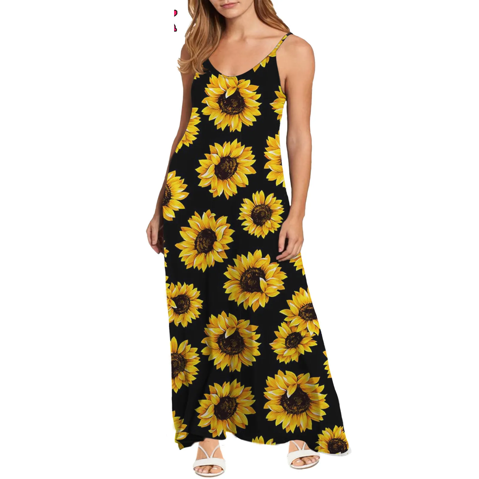 

Noisydesigns Summer Sexy Casual Women Long Dress V-Neck Sleeveless Beach Dress Sling Sunflower Printing Sling Dress For Women