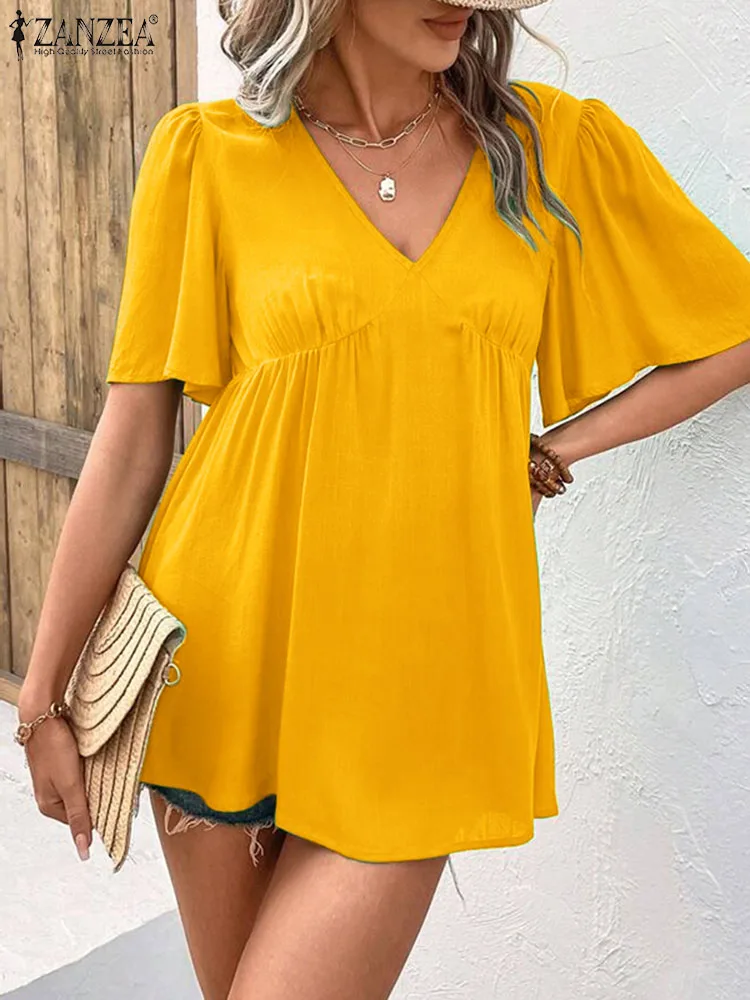 

ZANZEA Elegant Pleating Shirts 2023 Summer Women Solid Blouse Fashion Short Sleeve Tops Holiday V-neck Casual Loose A-Line Tunic