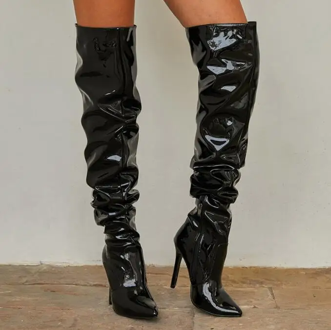 

Модные черные сексуальные сапоги выше колена, женские сапоги на тонком каблуке, с острым носком, на молнии, высокие сапоги до бедра, зимняя Осенняя обувь для стриптиза