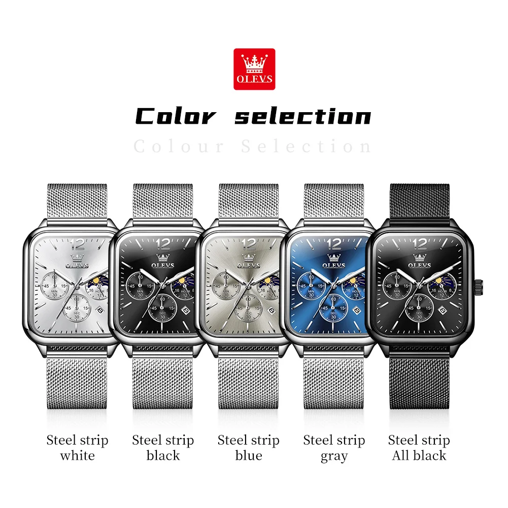 OLEVS-Montre à Quartz Étanche pour Homme, Cadran Carré, Shoous, Phase de Lune, Date, Chronographe, Tendance, Mode Originale 6