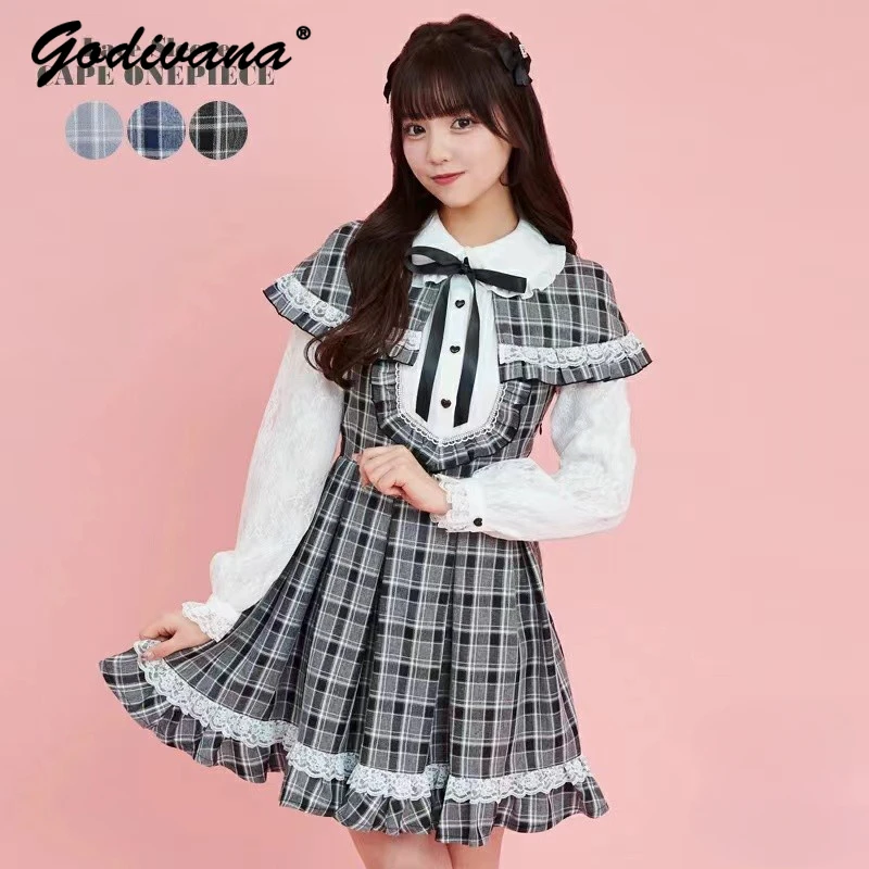 

Japanese 2024 Spring New Women's Sweet Plaid Cloak Lace Stitching Mine Series Mass-Produced Long Sleeve SC Dress Lolita Girls