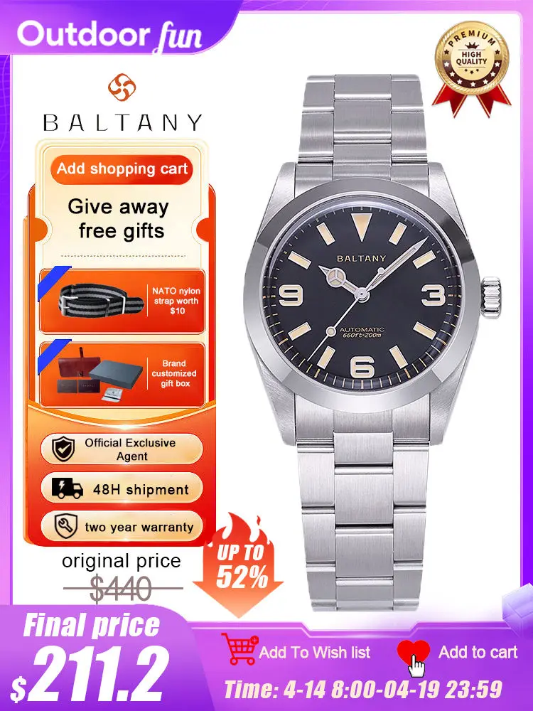

Baltany 2024 New 36mm Explorer Men's NH38 Automatic Mechanical Watch Luxury Sapphire Polished Stainless Steel Waterproof 20Bar N