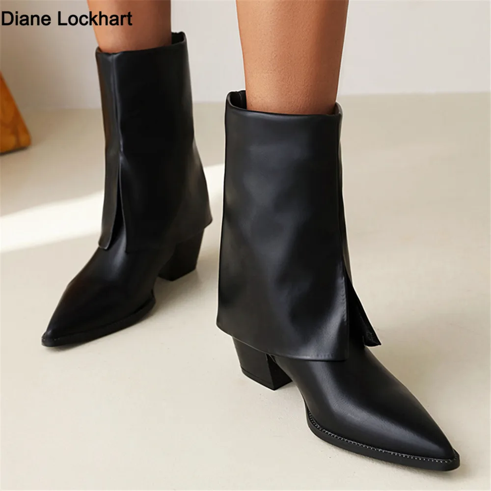 

Women Fold Knee High Boots Luxury Brand Designer High Heels Boot Chunky Heel Pointed Toe Chic Shoes Winter Fashion Soft Warm 41