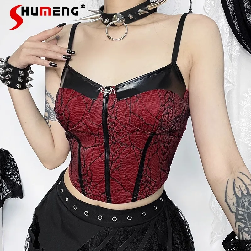 

Japanese Slim Fit Camisoles Music Festival Wear Gothic Red Black Leather Sling Team Style Performance Clothes Hot Girl Top Women