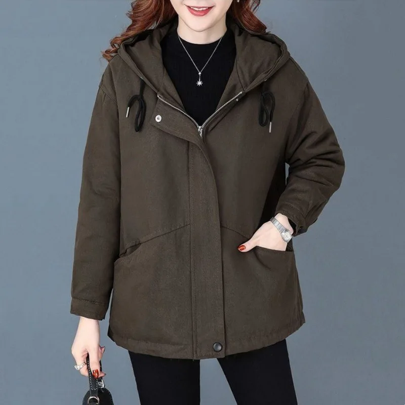 

Autumn Winter Hooded Zippered Cardigan Jacket Middle-aged Women Oversized Thicken Plus Velvet Parka Jacket Casual Quilted Coats