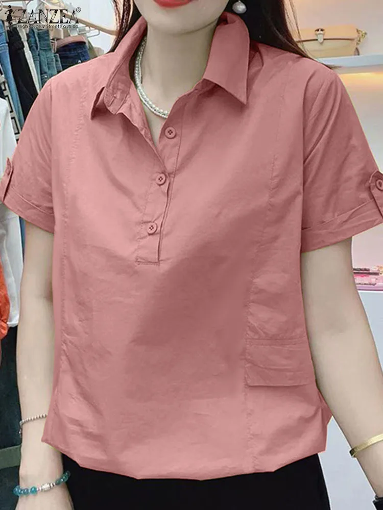 

Женская летняя рубашка ZANZEA, модная блузка с отложным воротником и коротким рукавом, Повседневная Туника, женские офисные топы, блузы на пуговицах, рубашка