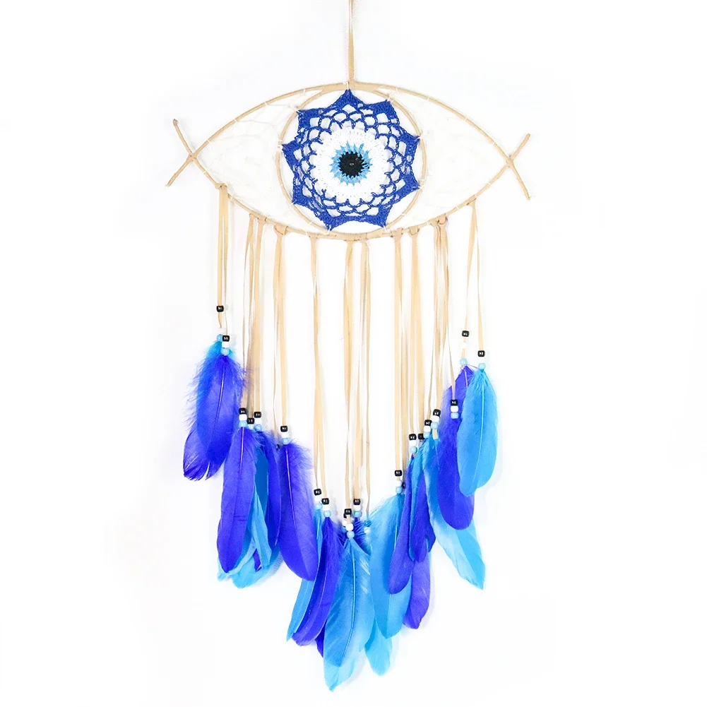 

Hand Woven Mandala Flower Pendant Blue Feather Dream Catcher Turkey Blue Eye Wall Hanging Decoration Crafts for Bedroom Ornament