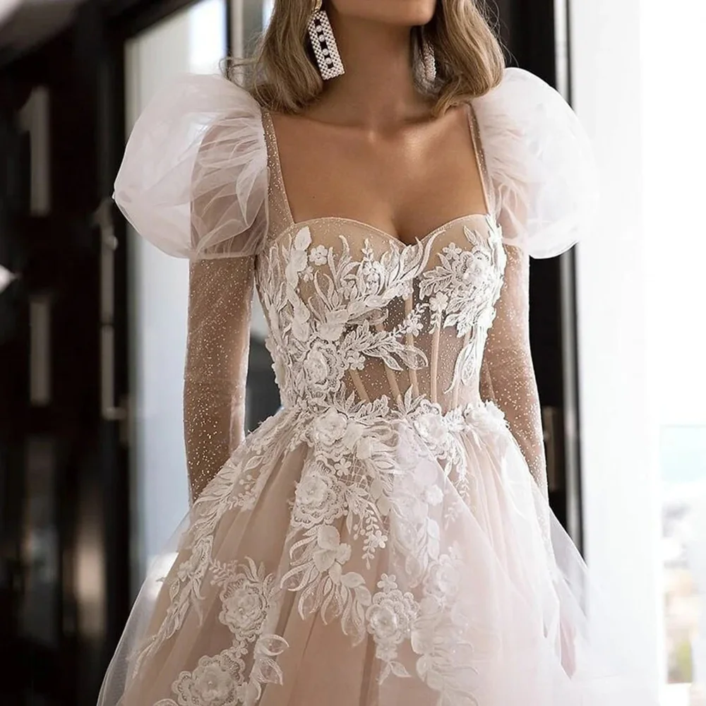 

Sweetheart Collar Appliques Lace Tulle Illusion Wedding Dress for Women A-line Court Long Sleeve Wedding Gown vestidos de novia
